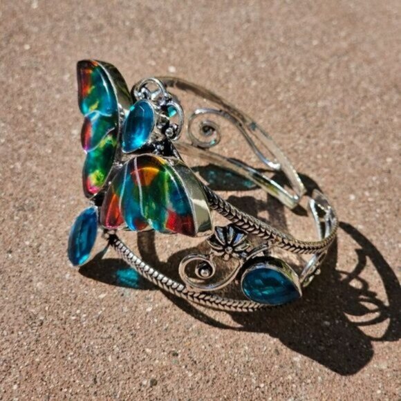 Dichroic Glass ✦ Butterfly Cuff Bracelet ✦ S925 Sterling Silver Topaz Accent NWT main image 1